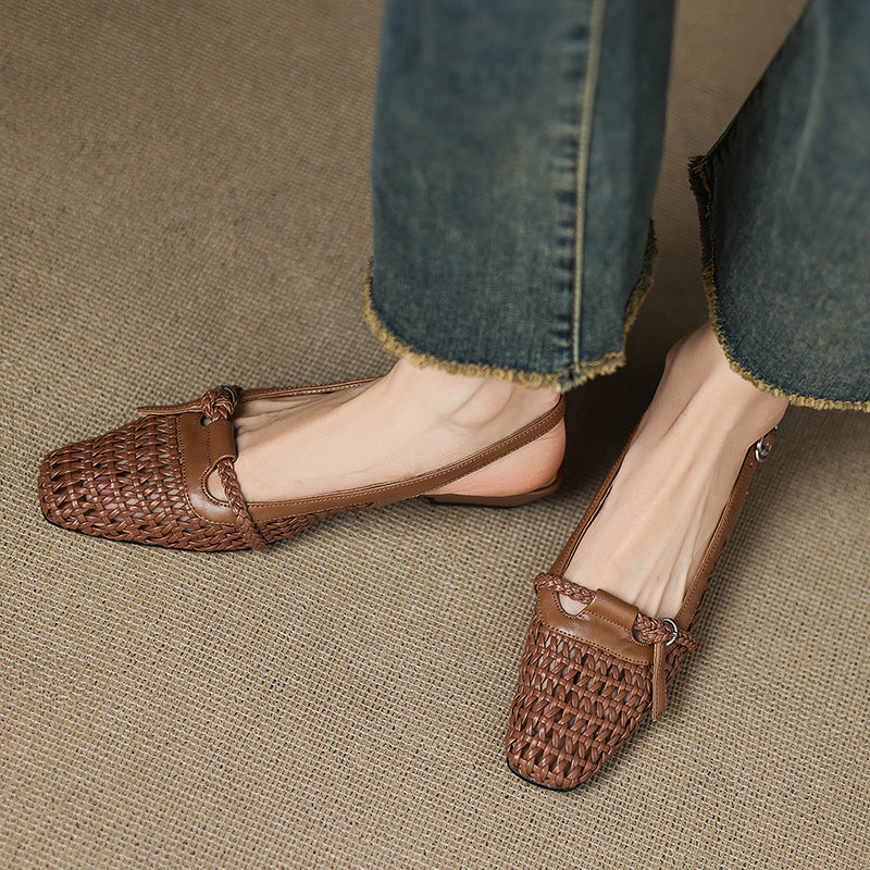 Sheepskin Leather Woven Patchwork Breathable Pointed Toe Sandals