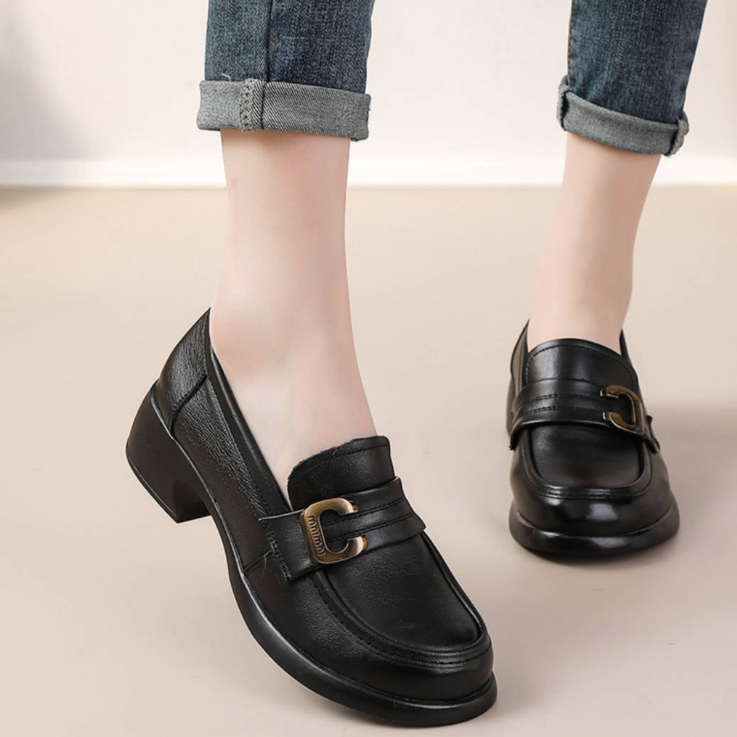 Spring Leather Round Toe Retro Elegant Soft Flat Sole Slip-On Loafers