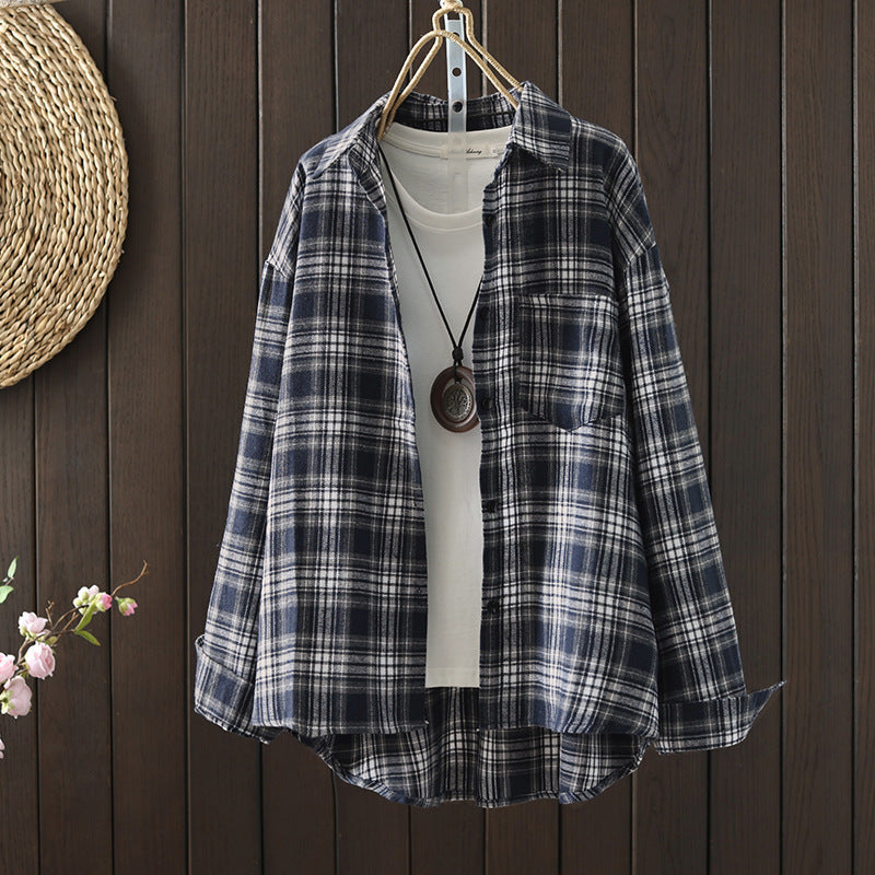 Vintage Plaid Casual Shirt Long Sleeve Oversized Thin Blouse