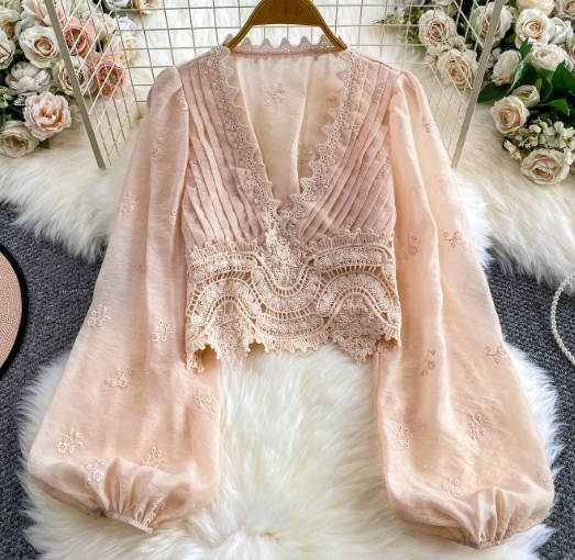 Vintage V Neck Lantern Lace Trim Lycra Sleeve Blouse