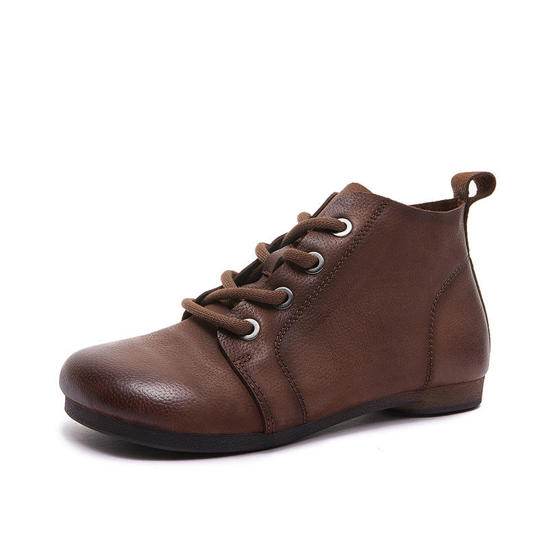 Retro Genuine Leather Round Toe Soft Flat Sole Slip-On Ankle Boots