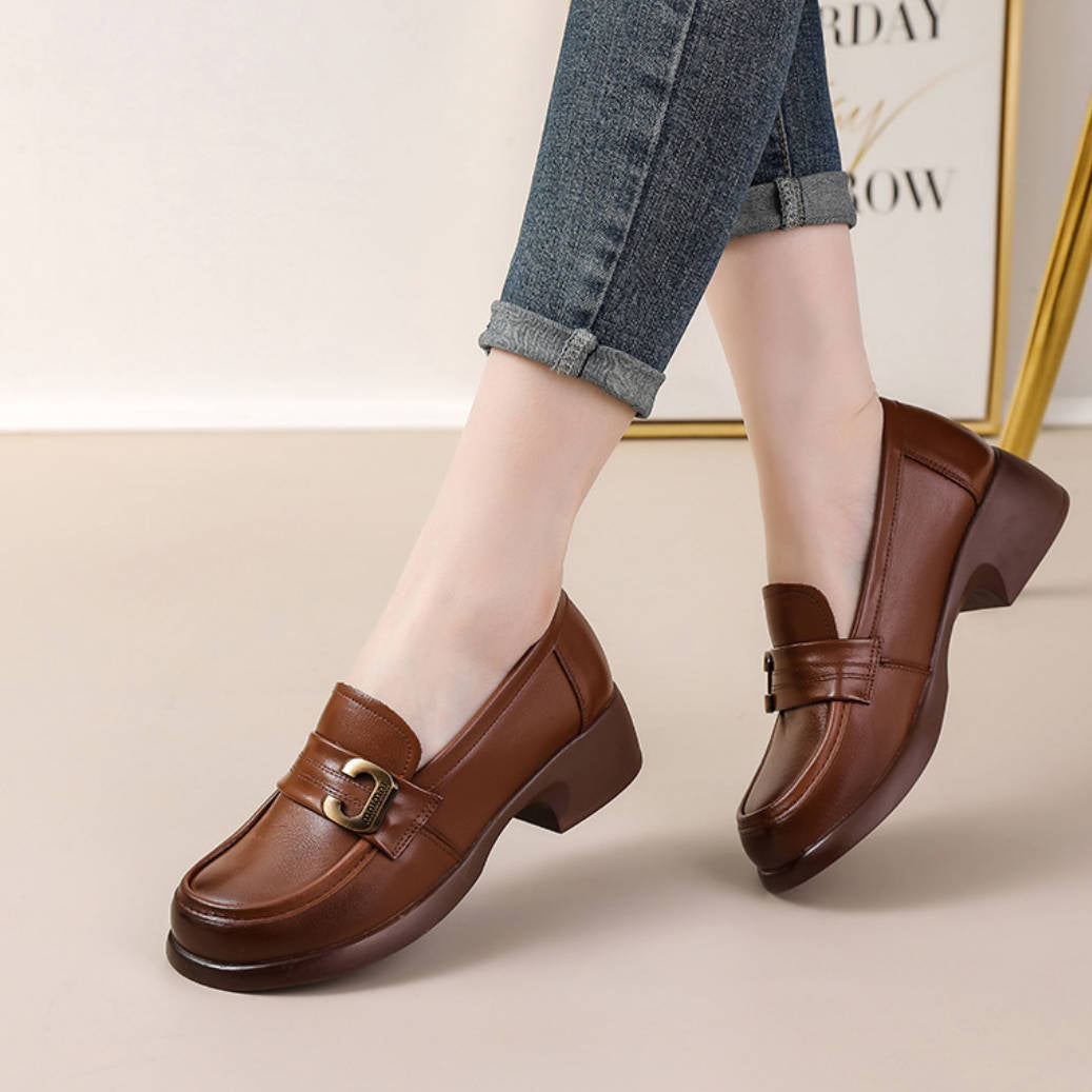 Spring Leather Round Toe Retro Elegant Soft Flat Sole Slip-On Loafers