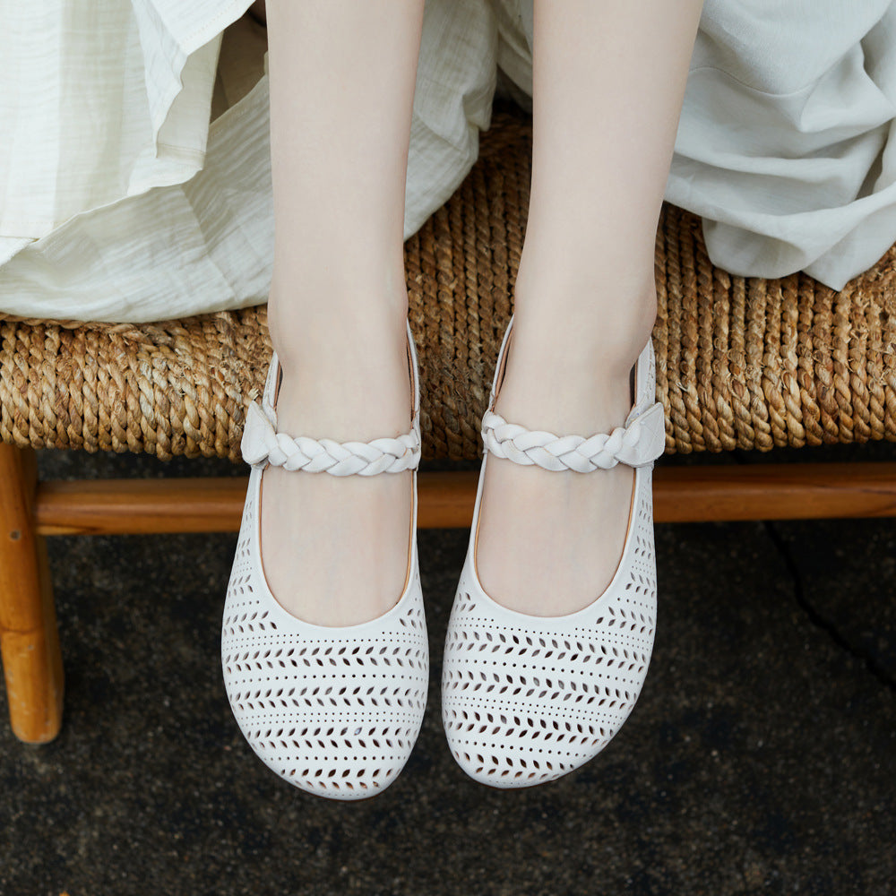 Hallow Retro Leather Breathable Woven One Straped Velcro Flats