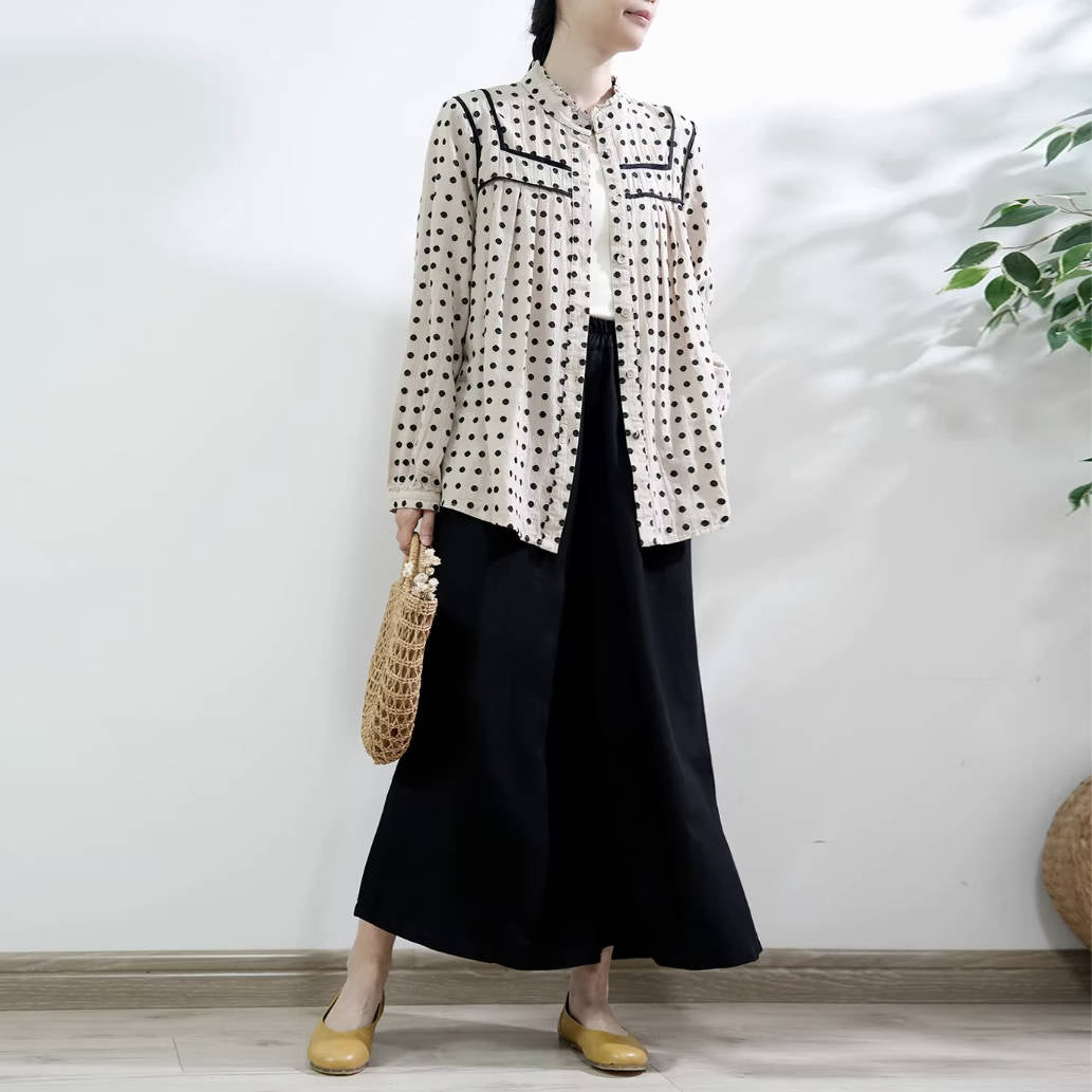 Spring Elegant Polka Dots Stand Ruffled Collar Patchwork Loose Shirt