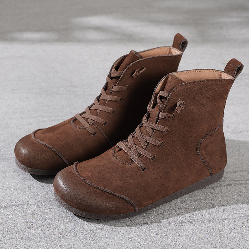Winter Leather Sueded Patchwork Soft Flat Sole Lace-Up Ankle Boots