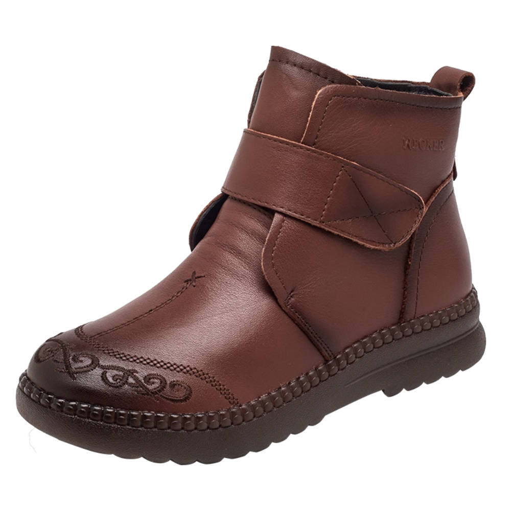 Retro Winter Leather Embroidered Velcro Comfy Warm Plush Boots