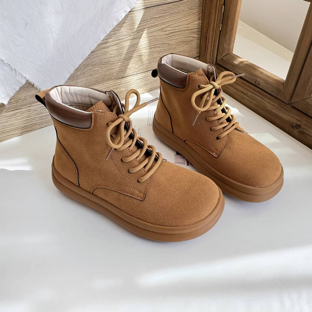 Sueded Top Leather Patchwork Soft Flat Sole Lace-Up Boots