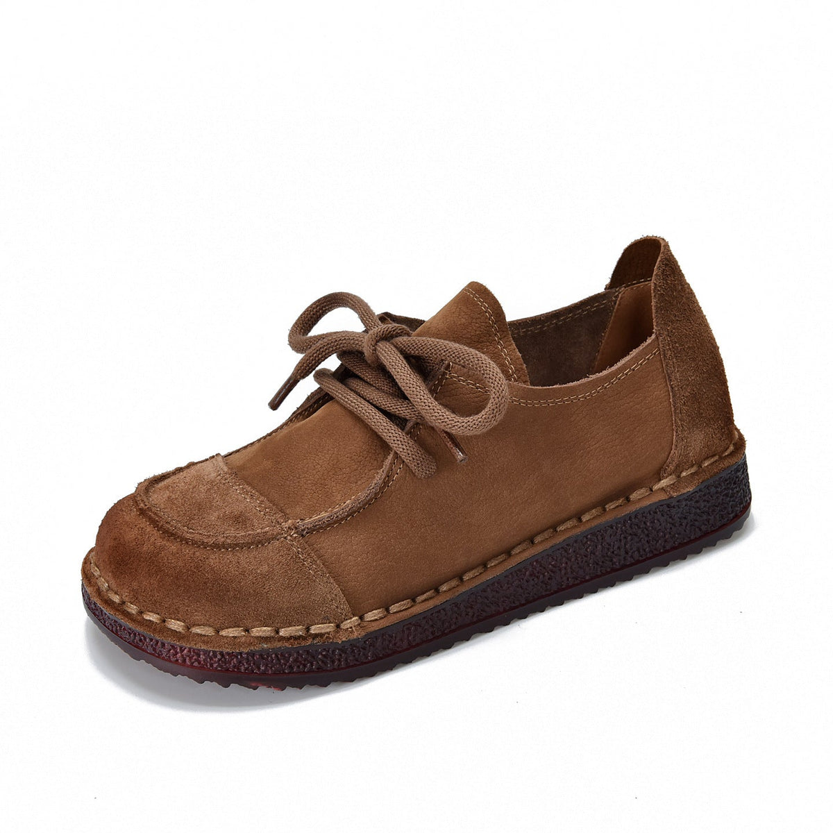 Sueded Leather Retro Round Toe Lace-Up Casual Flat Shoes