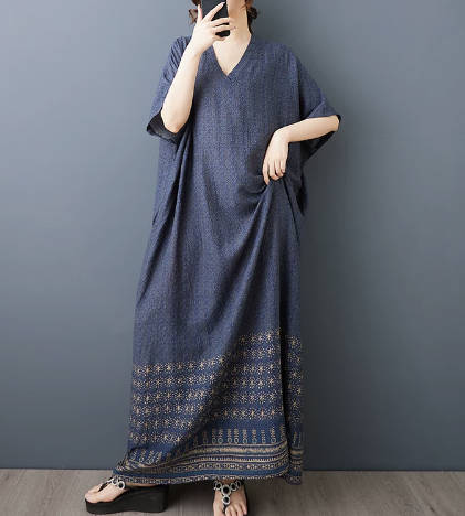Retro V-neck Cotton Linen Loose Fitting Long Robe Dress