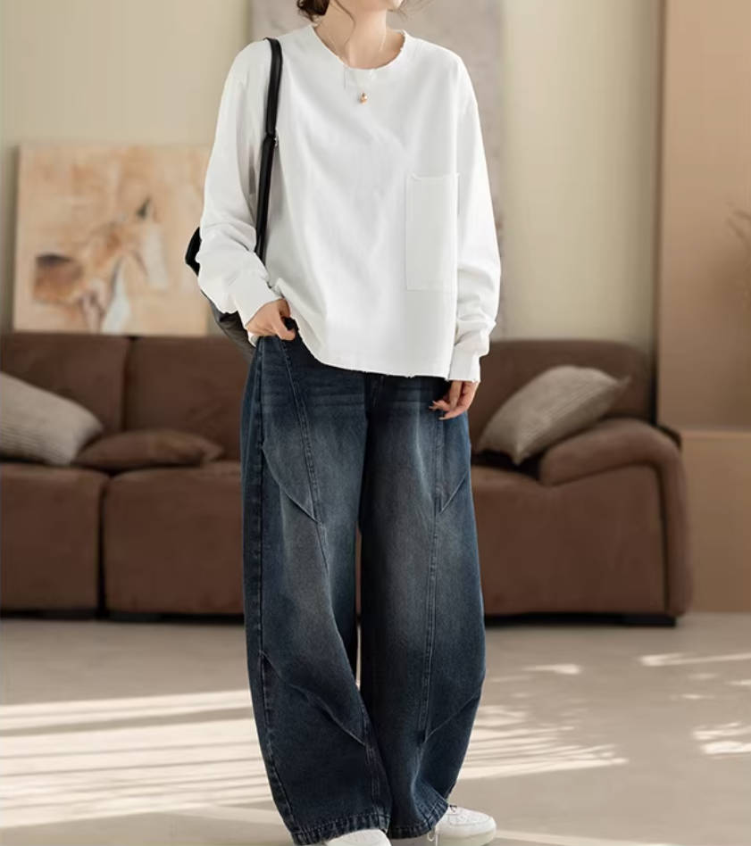 Cotton Casual Round Neck Loose Pocket Versatile Tops