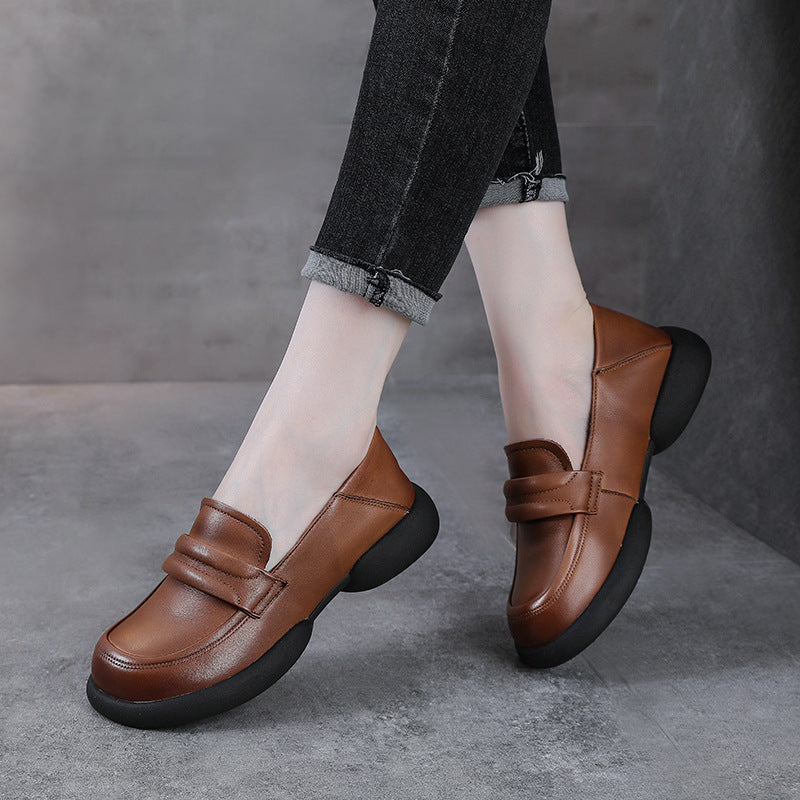 Vintage Cowhide Round Toe Slip-On Casual Everyday Soft Shoes