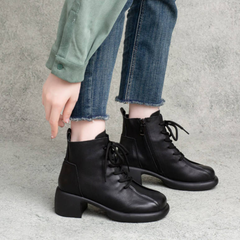 Vintage Leather Elegant Chunky Lace-Up Zipper Ankle Boots