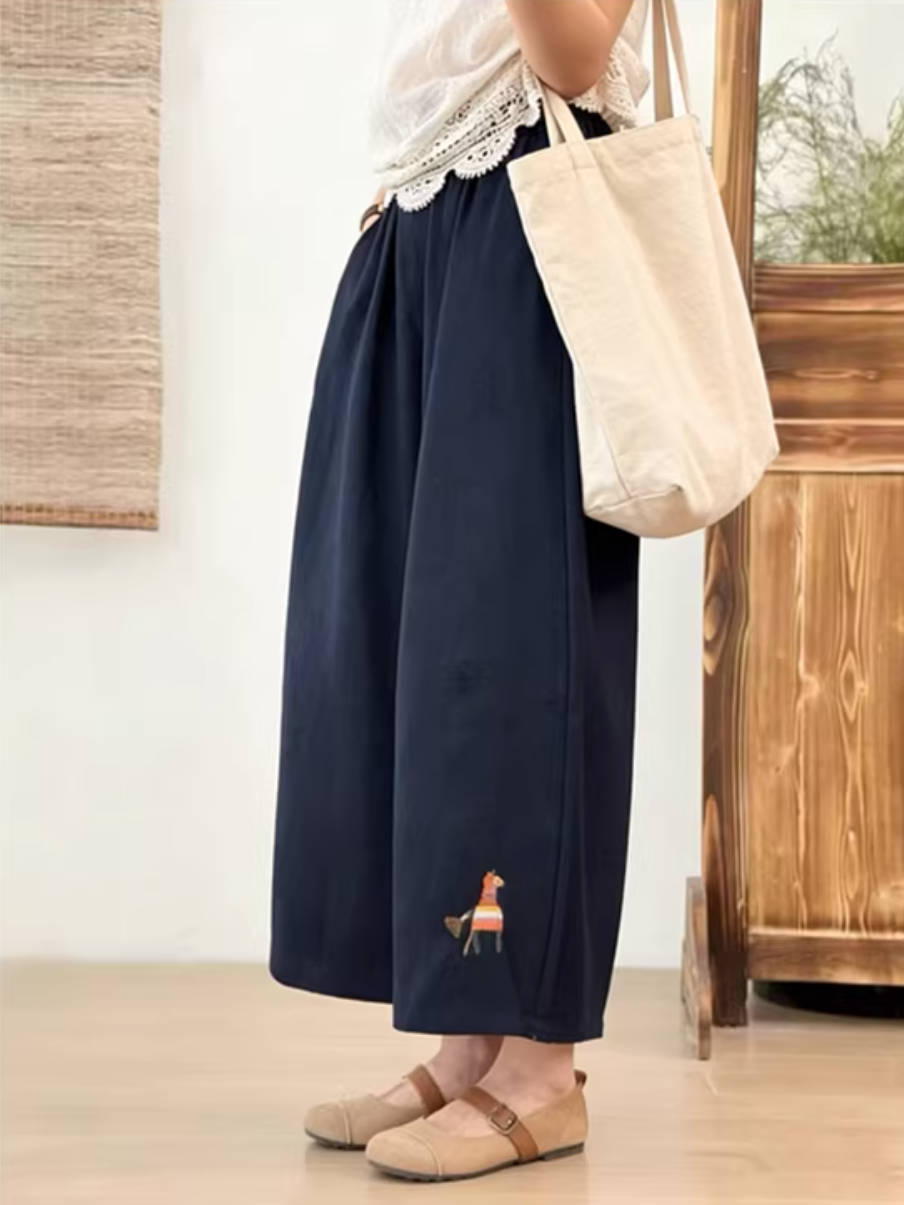 Linen Spring Cute Pattern Embroidered Elastic Waist Loose Pants