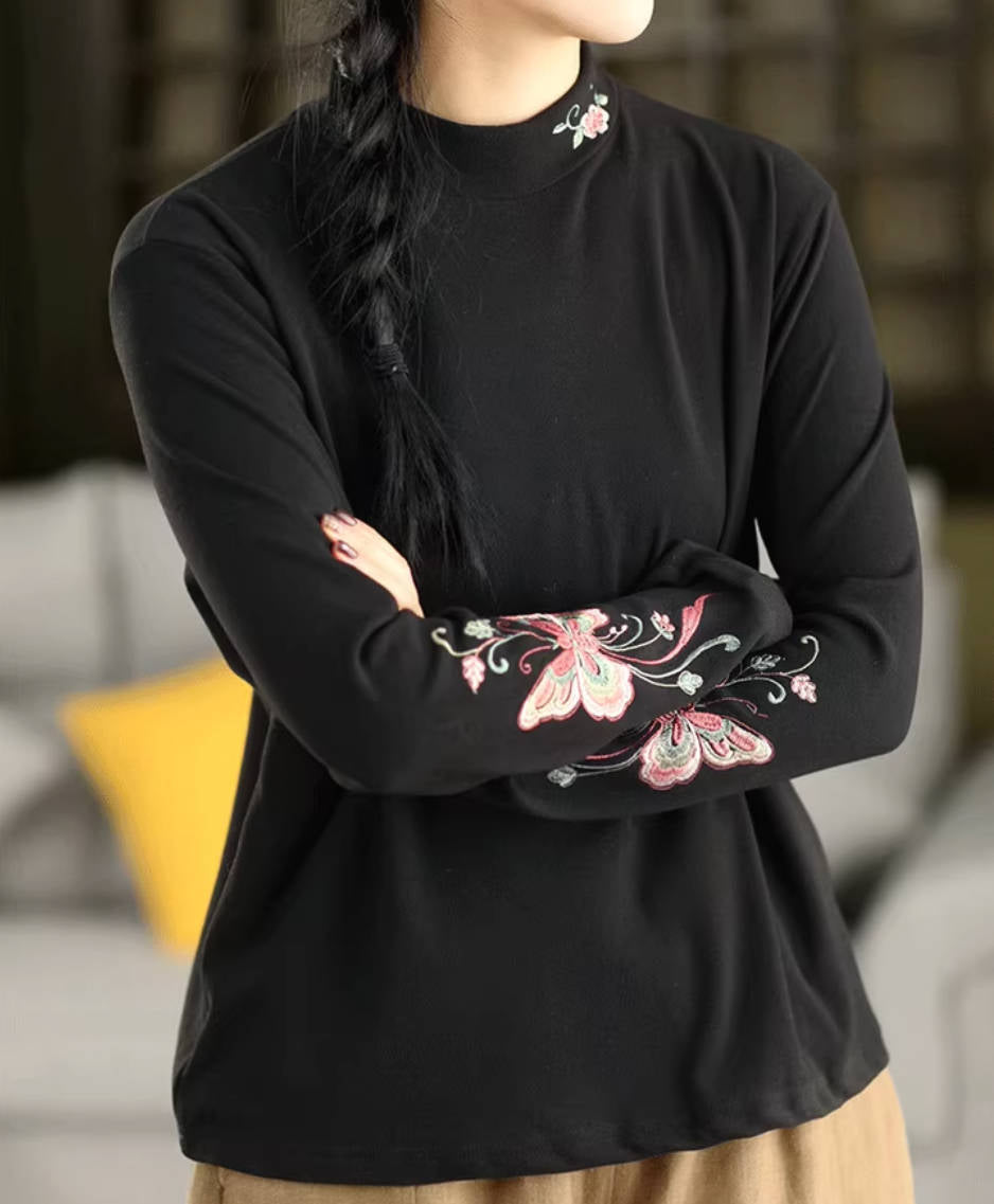 Spring Plush High Neck Embroidered Butterflies Loose Tops