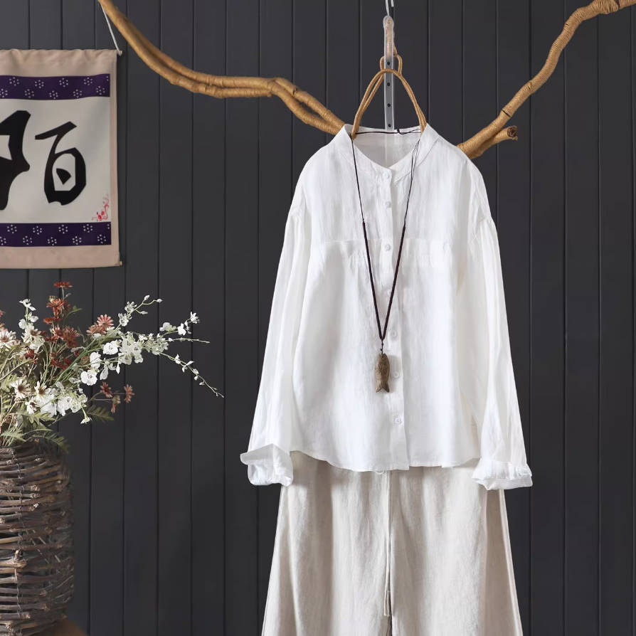 Spring Linen Round Neck Loose Solid Color Daily Casual Shirt