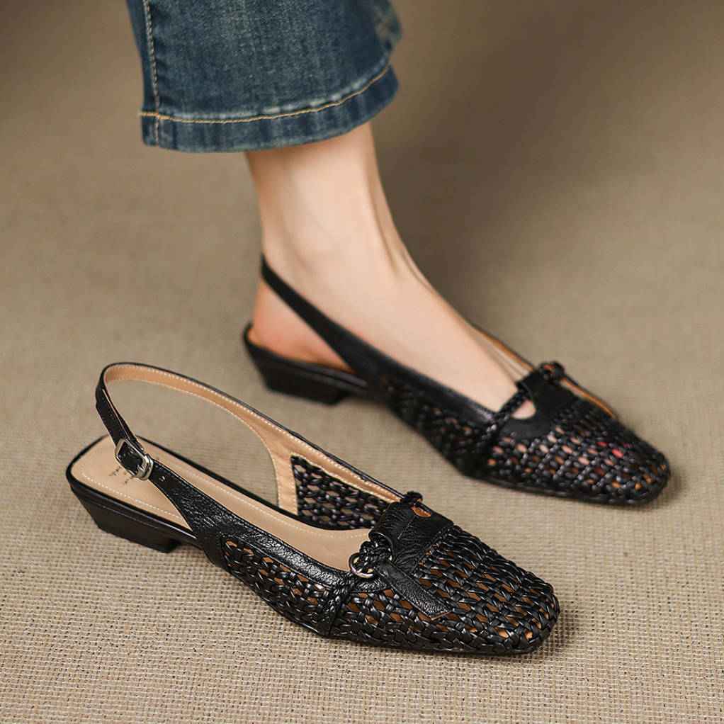 Sheepskin Leather Woven Patchwork Breathable Pointed Toe Sandals