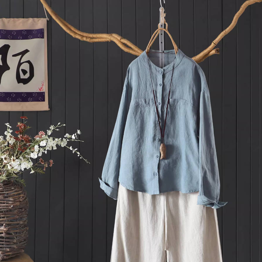 Spring Linen Round Neck Loose Solid Color Daily Casual Shirt