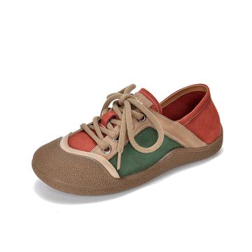 Casual Leather Round Toe Patchwork Lace-Up Soft Sole Flat Shoes