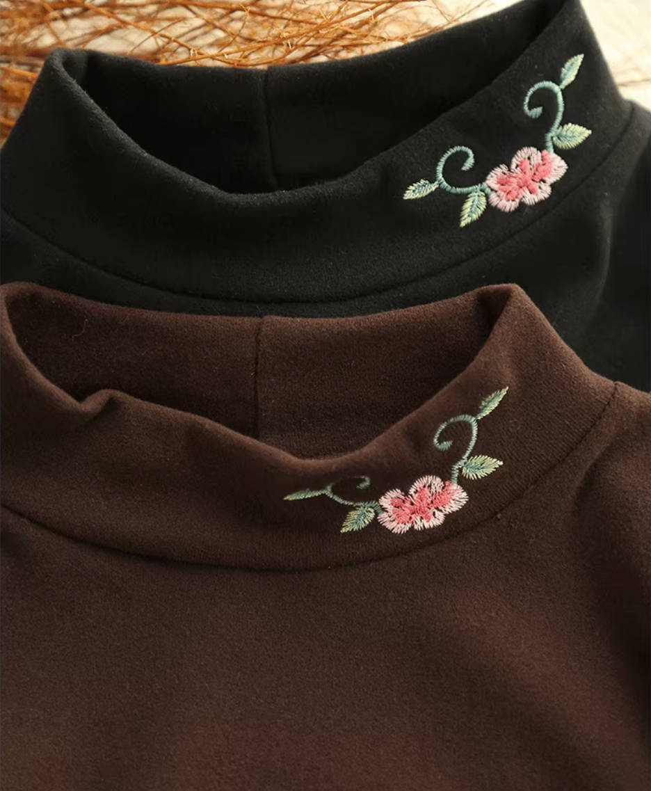 Spring Plush High Neck Embroidered Butterflies Loose Tops
