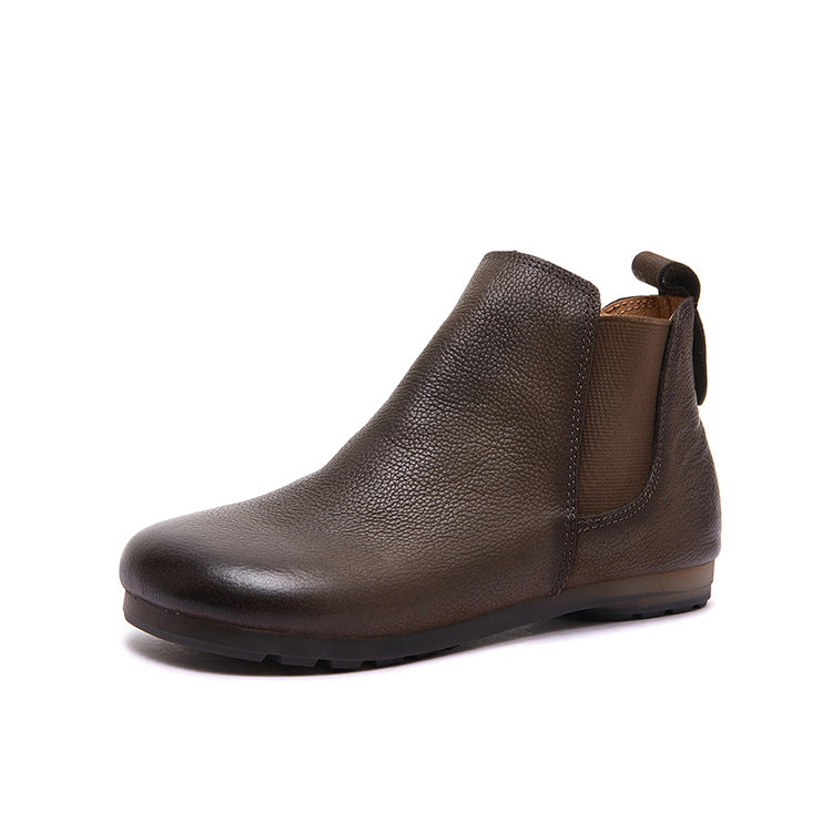 Retro Top Leather Versatile Soft Flat Sole Slip-On Boots