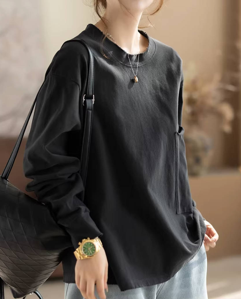 Cotton Casual Round Neck Loose Pocket Versatile Tops