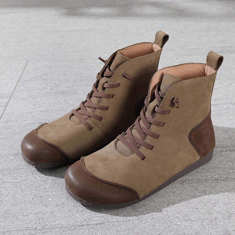 Winter Leather Sueded Patchwork Soft Flat Sole Lace-Up Ankle Boots