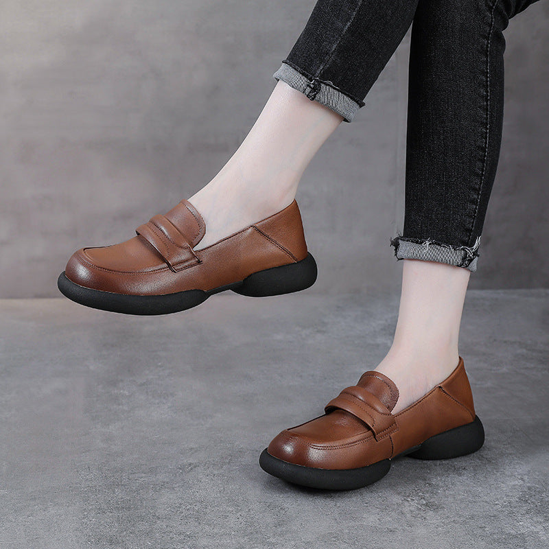 Vintage Cowhide Round Toe Slip-On Casual Everyday Soft Shoes