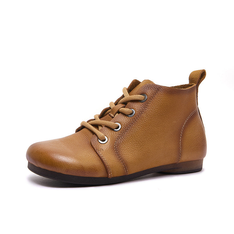 Retro Genuine Leather Round Toe Soft Flat Sole Slip-On Ankle Boots