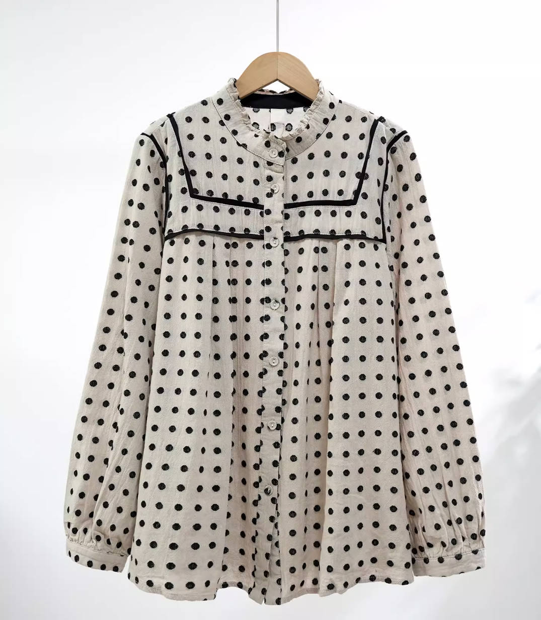Spring Elegant Polka Dots Stand Ruffled Collar Patchwork Loose Shirt