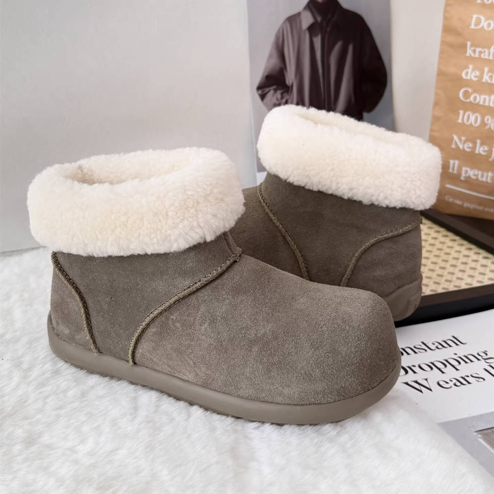 Winter Leather Sueded Round Toe Woolen Patchwork Soft Sole Boots