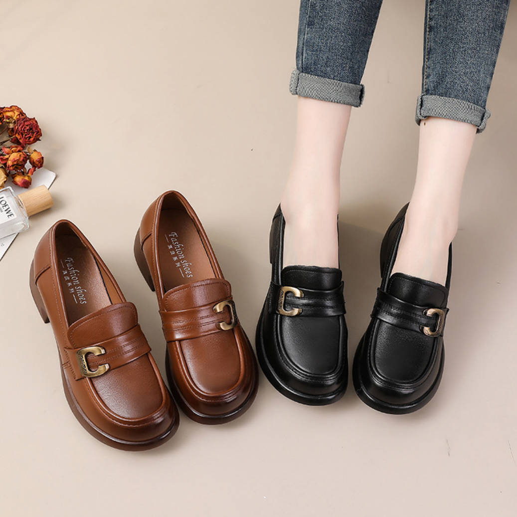 Spring Leather Round Toe Retro Elegant Soft Flat Sole Slip-On Loafers