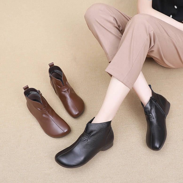 Retro Leather Warm Soft Flat Sole Warm Comfortable Ankle Boots