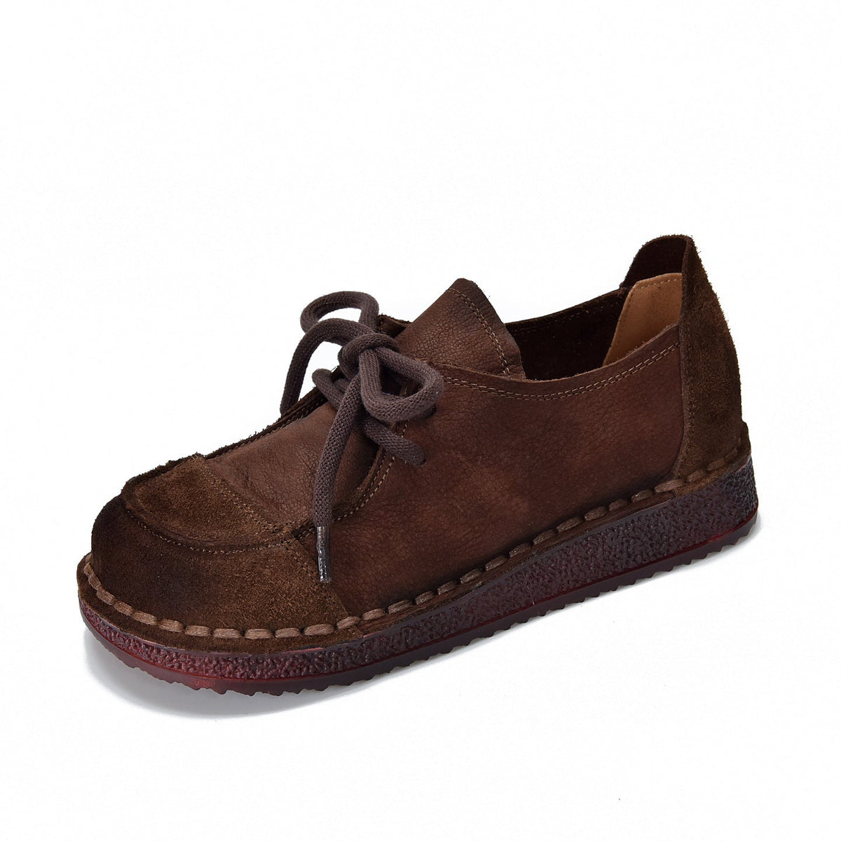 Sueded Leather Retro Round Toe Lace-Up Casual Flat Shoes