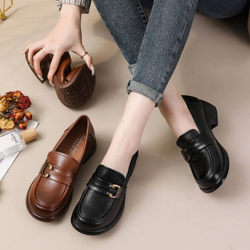 Spring Leather Round Toe Retro Elegant Soft Flat Sole Slip-On Loafers