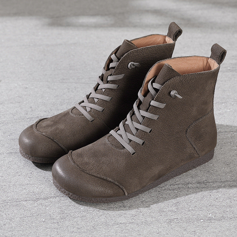 Winter Leather Sueded Patchwork Soft Flat Sole Lace-Up Ankle Boots