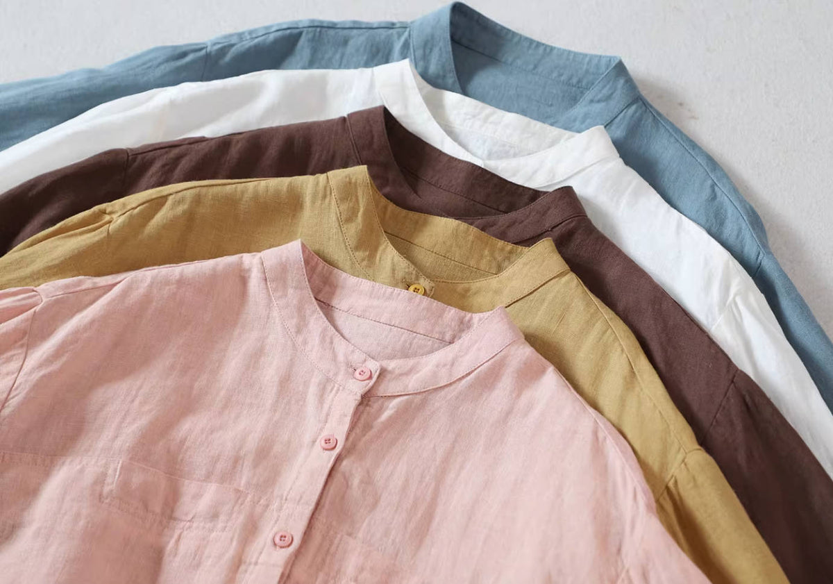 Spring Linen Round Neck Loose Solid Color Daily Casual Shirt
