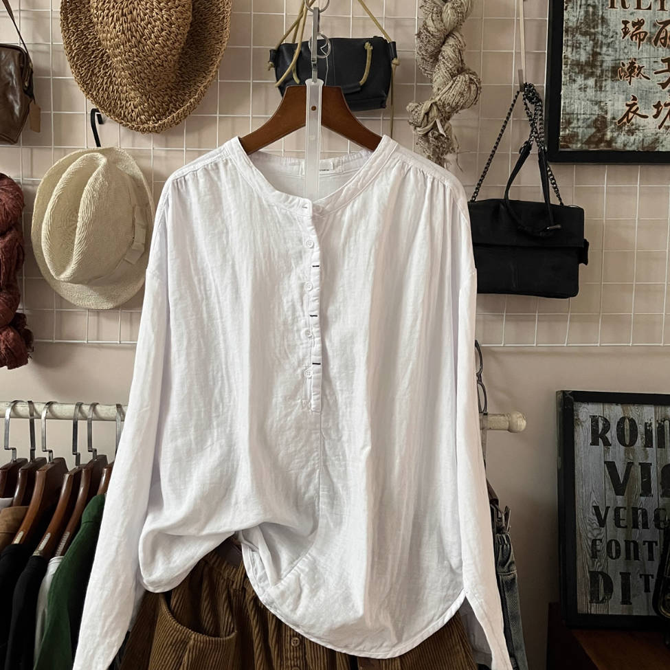 Solid Color Round Neck Single-Breasted Long Sleeves Shirt