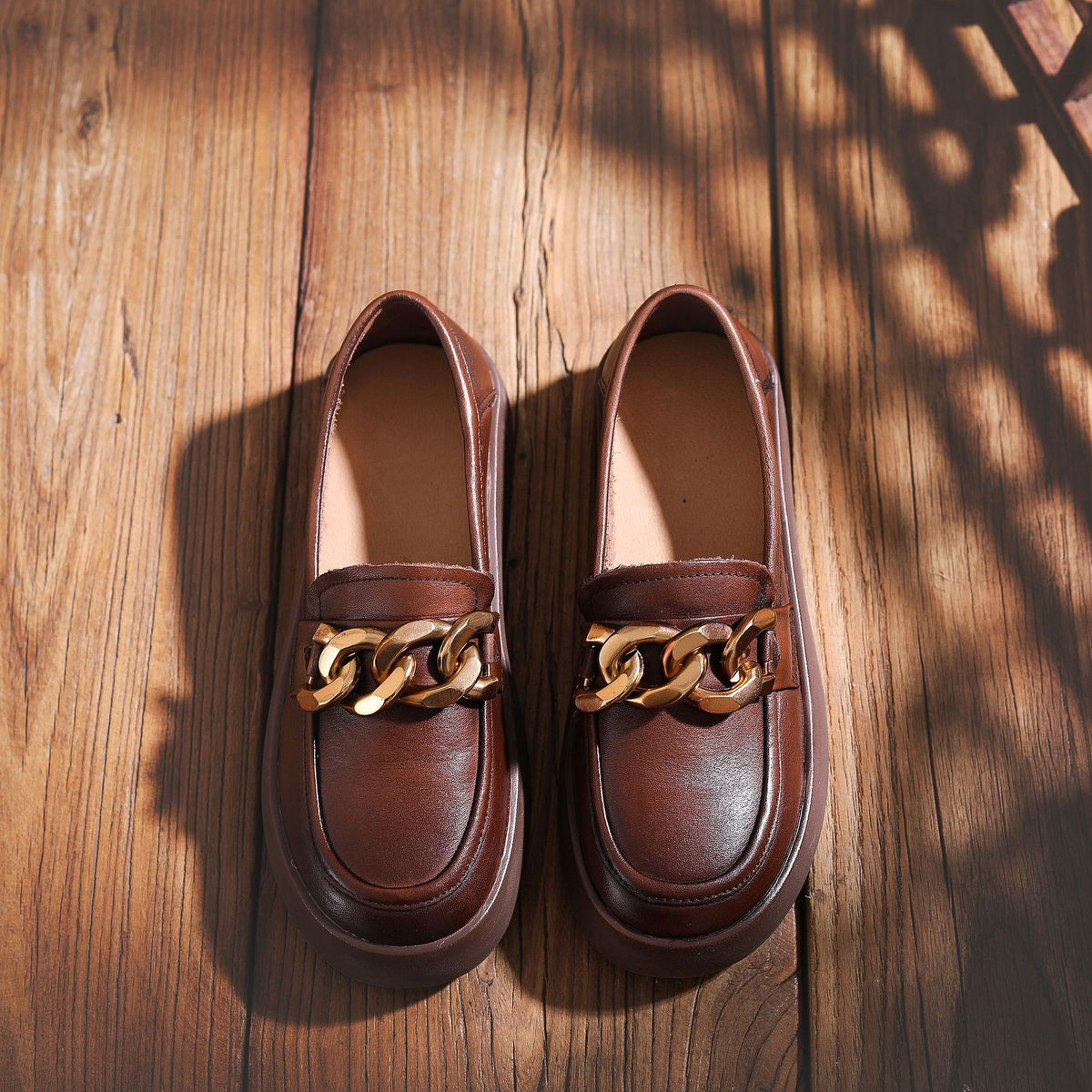 Vintage Leather Round Toe Gold Straped Soft Flat Sole Loafers
