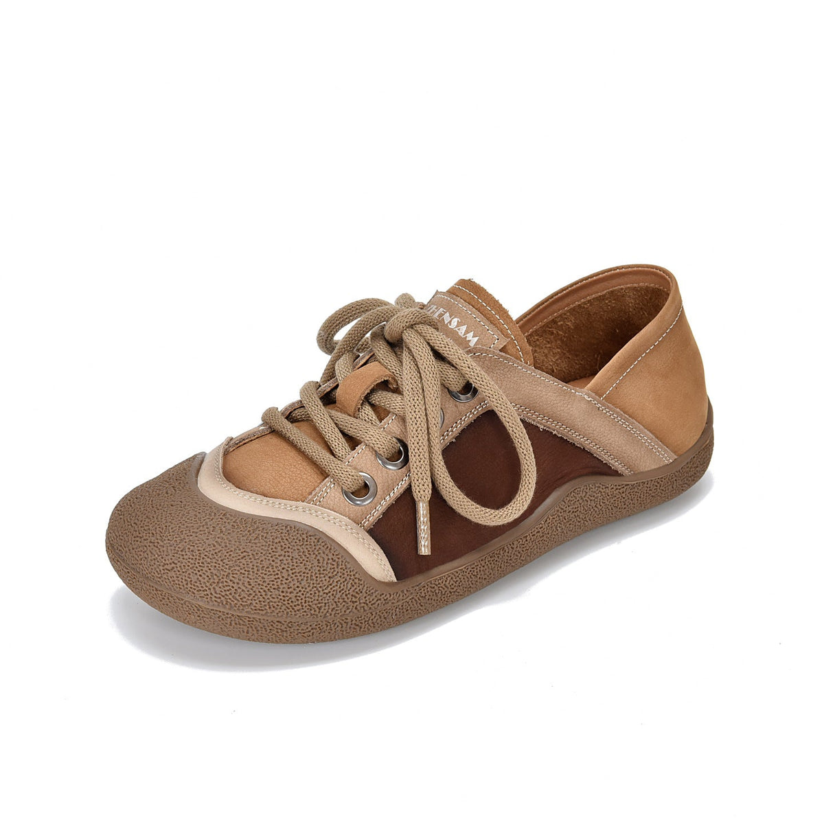 Casual Leather Round Toe Patchwork Lace-Up Soft Sole Flat Shoes