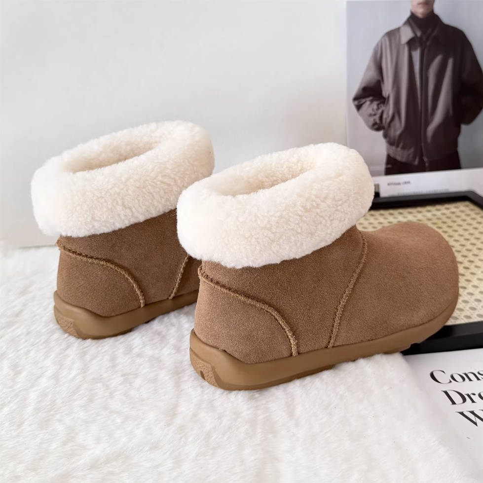 Winter Leather Sueded Round Toe Woolen Patchwork Soft Sole Boots