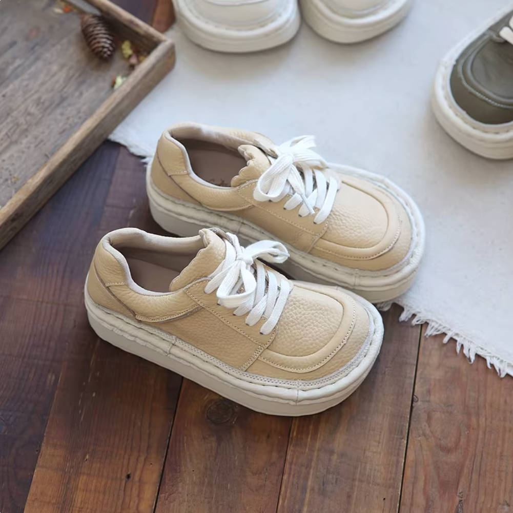 Wide Toe Retro Leather Thick Soft Sole Platform Lace-Up Shoes