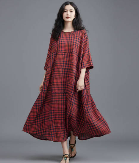 Vintage Soft Cotton Plaid Linen Loose Casual Long Dress