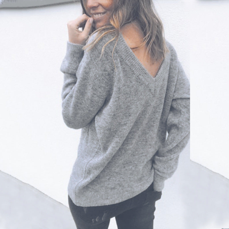 LARGE V-NECK PURE COLOR LONG SLEEVES REGULAR BLOUSE