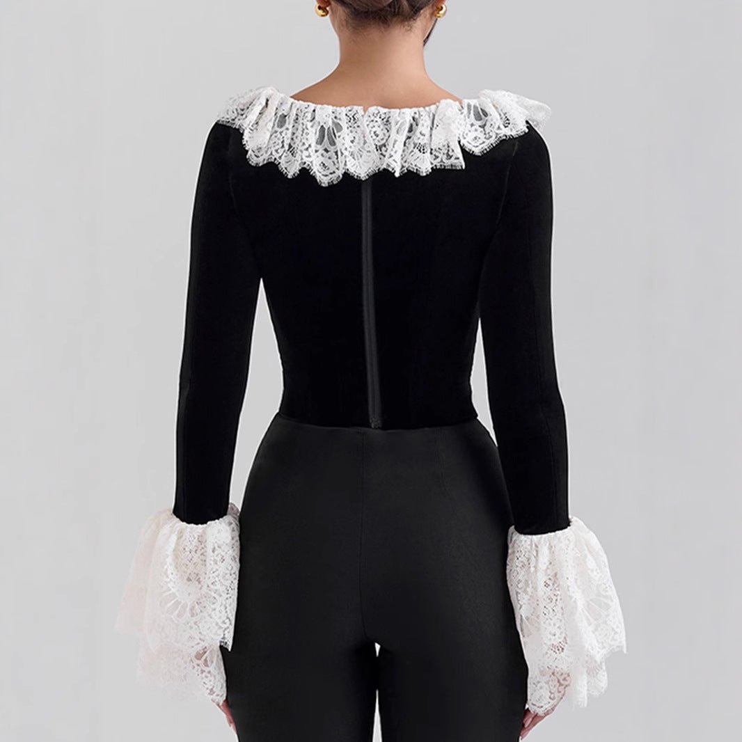 Christmas Velvet Lace Trim Flare Sleeve Square Neck Women's Top