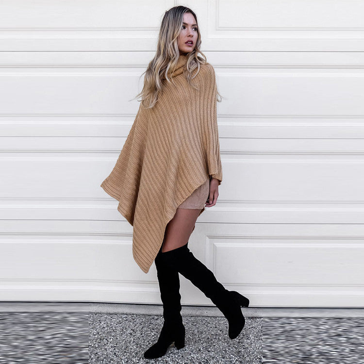 PURE COLOR LONG SLEEVES IRREGULAR HIGH NECK CAP SWEATER