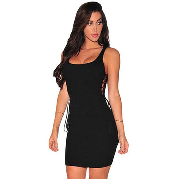 STRAPS SCOOP SLEEVELESS SIDE LACE UP CANDY COLOR SHORT DRESS