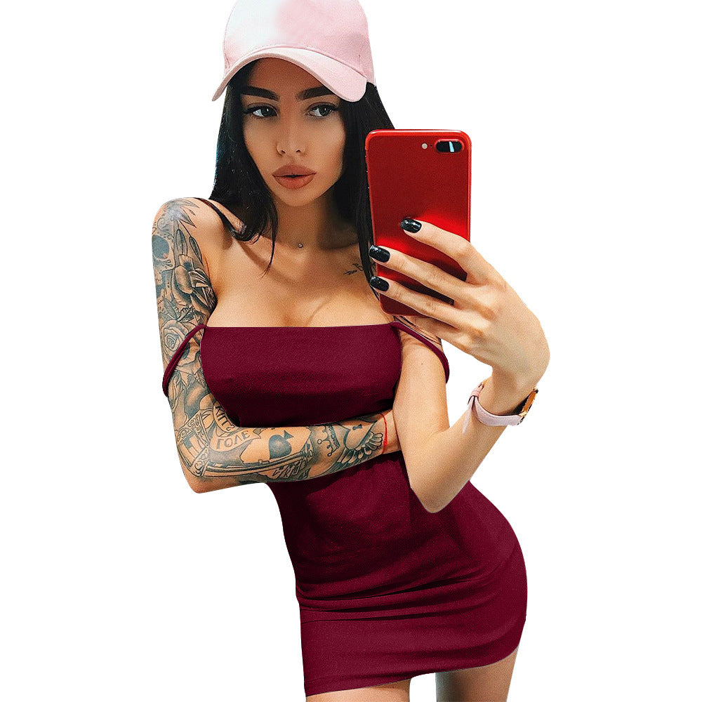 PURE COLOR SLIM SLEEVELESS SPAGHETTI STRAPS SHORT DRESS