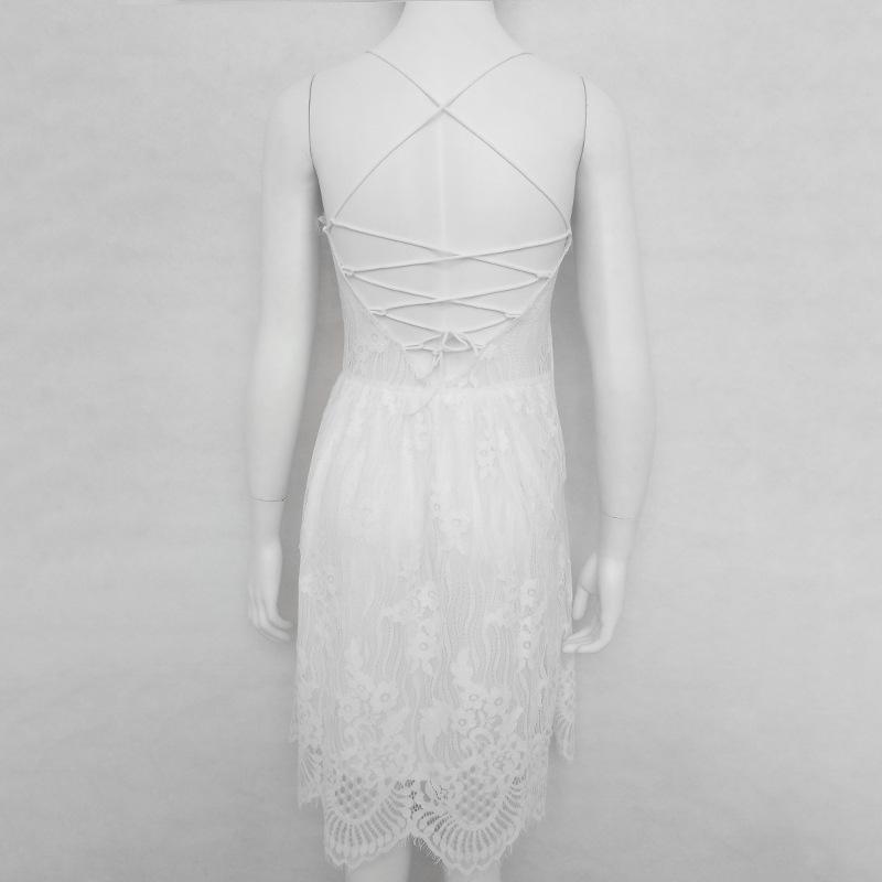 PURE COLOR SPAGHETTI STRAPS SLEEVELESS KNEE-LENGTH LACE DRESS