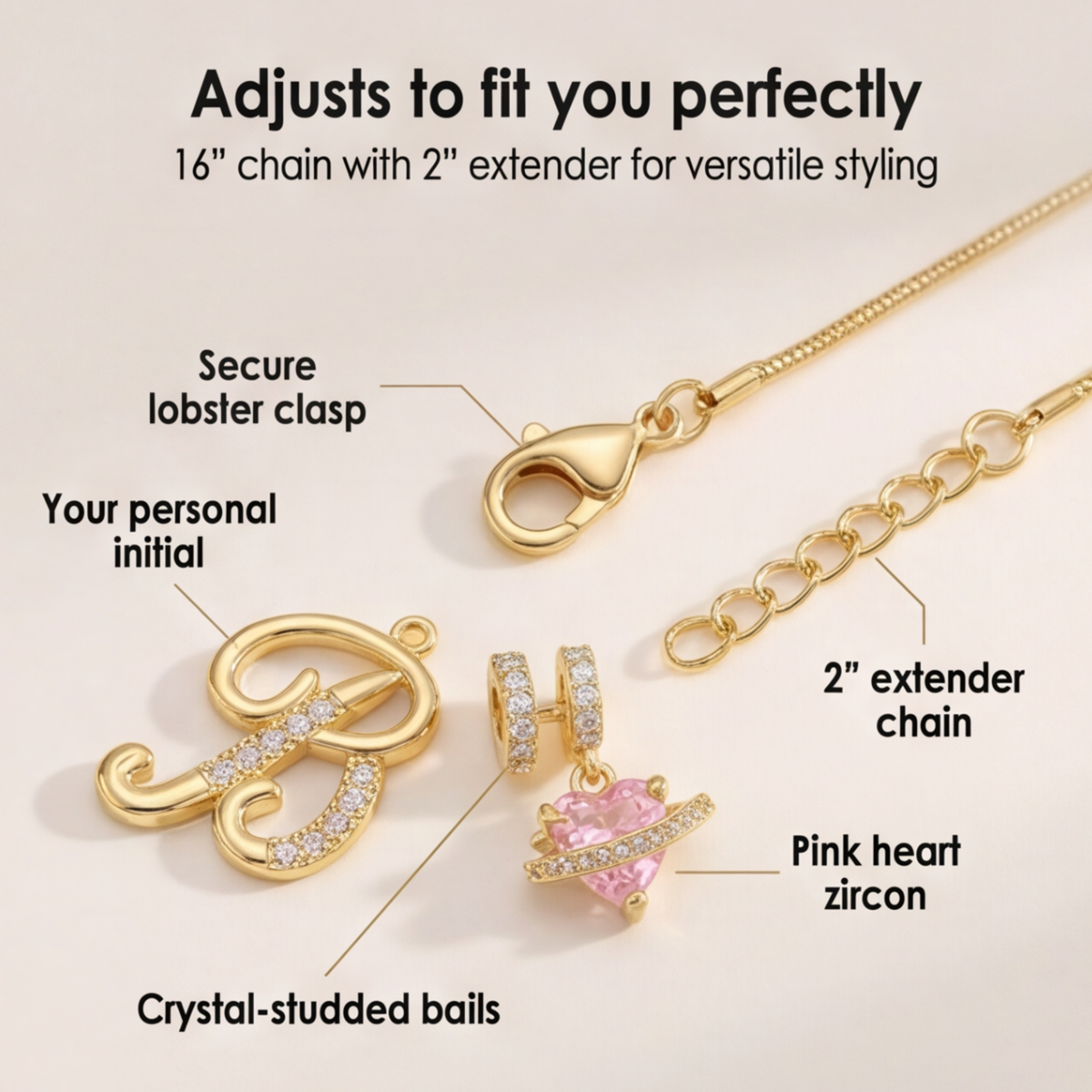 3-Layer Initial Necklace with Pink Heart Zircon