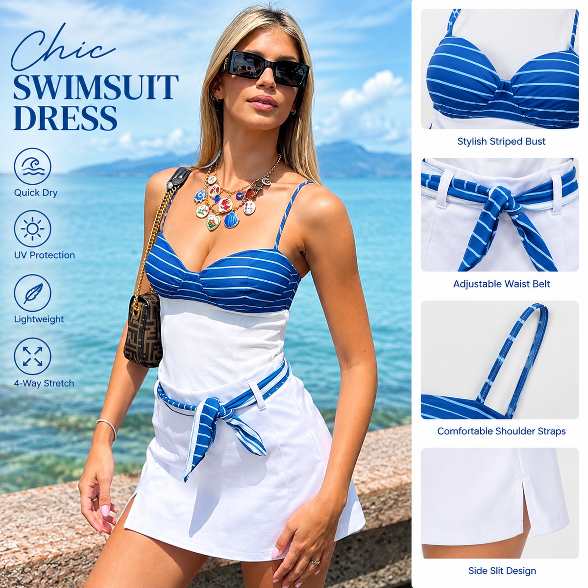 Women's blue striped sweetheart neckline crop top with adjustable spaghetti straps